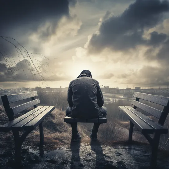 lonely man dealing with depression slouching between two empty benches