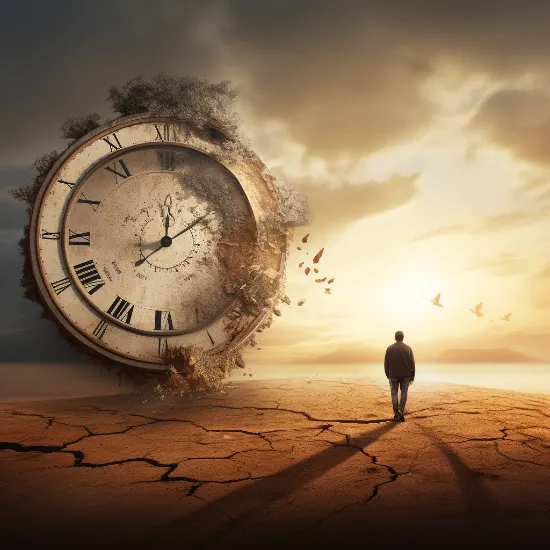 person walking into the sunshine away from a clock that is disintegrating