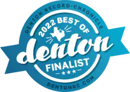 Blue circular badge with white text reads “2022 Best of Denton Finalist.” The outline of Texas and a star are in the center. Outer text includes “Denton Record-Chronicle” and website DENTONRC.COM.