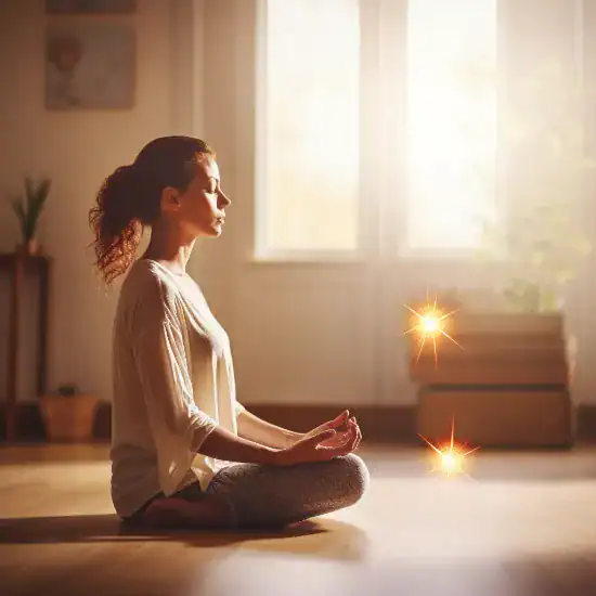A woman sits cross-legged on a wooden floor, meditating in a sunlit room with potted plants. Two glowing light orbs float nearby, adding a magical atmosphere.