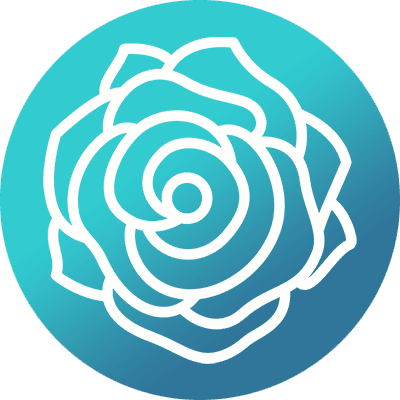 A white, spiral-lined rose icon is centered on a circular blue gradient background, transitioning from teal at the top to deep blue at the bottom.