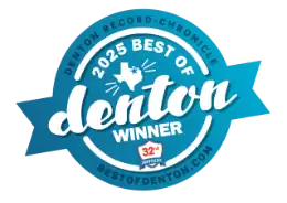 Blue circular badge that says 2025 Best of Denton Winner with a small Texas icon and the logo for Denton Record-Chronicle around the edge.