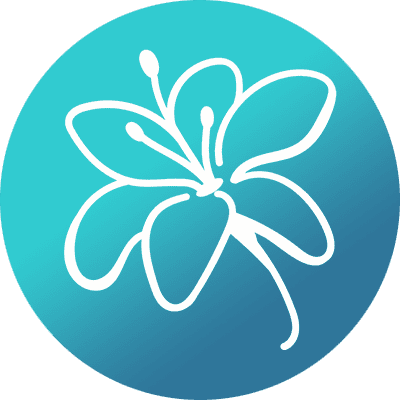 White outline of a six-petaled flower with three stamens on a blue-green gradient circular background.