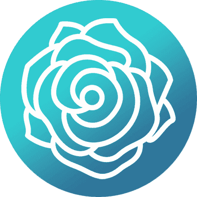 White outline of a stylized rose on a circular blue gradient background.