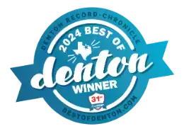 Blue badge logo reads: 2024 Best of Denton Winner, with a Texas outline and Denton Record-Chronicle and bestoofdenton.com around the border.