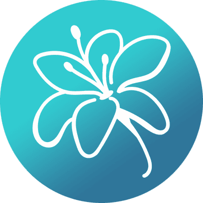 White outline of a flower with five petals and three stamens on a blue-green circular gradient background.