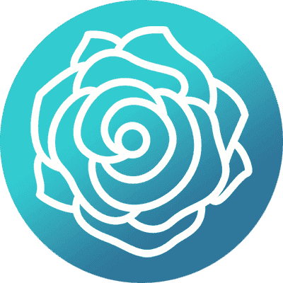 A white outline of a stylized rose is centered on a blue circular gradient background.