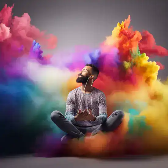 A man sits cross-legged, eyes closed and listening to earphones, surrounded by vibrant clouds of colorful smoke on a gray background.